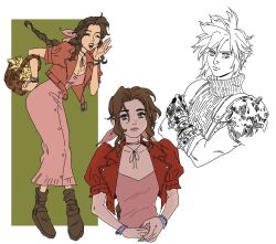 Rule 34 | 1boy, 1girl, aerith gainsborough, armor, bangle, basket, boots, bracelet, braid, braided ponytail, breasts, brown footwear, brown hair, choker, cleavage, closed eyes, cloud strife, cropped jacket, crossed arms, dress, final fantasy, final fantasy vii, final fantasy vii remake, flower, flower basket, full body, green background, green eyes, hair ribbon, hand to own mouth, highres, holding, holding basket, jacket, jewelry, leaning forward, leslie hung, lily (flower), lineart, long dress, long hair, medium breasts, multiple views, open mouth, own hands together, parted bangs, pink dress, pink ribbon, puffy short sleeves, puffy sleeves, red jacket, ribbon, ribbon choker, short sleeves, shoulder armor, sidelocks, single braid, sketch, sleeveless, sleeveless turtleneck, smile, spiked hair, suspenders, turtleneck, upper body, wavy hair, white background, yellow flower