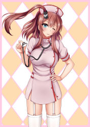 Rule 34 | 1girl, alternate costume, argyle, argyle background, argyle clothes, bad id, bad pixiv id, blue eyes, blush, breasts, cowboy shot, garter straps, hand on own hip, hat, head tilt, kantai collection, large breasts, long hair, looking at viewer, nurse, nurse cap, one eye closed, parted lips, ponytail, saratoga (kancolle), short sleeves, side ponytail, solo, stethoscope, thighhighs, upper body, white thighhighs, yamato (083)
