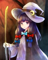 Rule 34 | 1girl, alternate headwear, broom, cape, crescent, crescent pin, dress, frown, hair ribbon, hat, highres, kushidama minaka, long hair, patchouli knowledge, purple eyes, purple hair, ribbon, solo, touhou, witch hat
