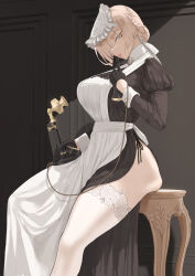 Rule 34 | 1girl, antique phone, apron, black dress, black gloves, blonde hair, blue eyes, braid, breasts, commentary request, dress, french braid, gloves, half gloves, highres, holding, holding phone, index finger raised, juliet sleeves, lace, lace-trimmed thighhighs, large breasts, lips, long sleeves, looking at viewer, maid, original, phone, puffy sleeves, sitting, solo, thick thighs, thighhighs, thighs, throtem, white apron, white thighhighs