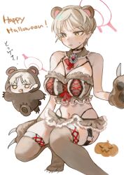 Rule 34 | 1girl, absurdres, animal ears, animal hands, bear ears, bear paws, black choker, blonde hair, blue archive, blush, bra, breasts, brown bra, brown gloves, brown thighhighs, choker, dantyou2525, gloves, halloween, halloween costume, halo, happy halloween, highres, large breasts, marina (blue archive), multiple views, navel, open mouth, paw gloves, red halo, short hair, simple background, thighhighs, underwear, white background, yellow eyes