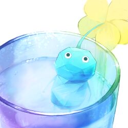 Rule 34 | black eyes, blue skin, bubble, colored skin, commentary request, cup, floating, flower, glass, ice, ice pikmin, in container, in cup, looking at viewer, lowres, nintendo, no humans, no mouth, partial commentary, pikmin (creature), pikmin (series), pikmin 4, rakusa, submerged, water, white background, yellow flower
