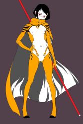 Rule 34 | 1girl, black hair, breasts, cape, cavadong, female focus, flat color, full body, glasses, groin, hand on own hip, high collar, highres, holding, holding staff, legs apart, looking at viewer, navel, nipples, orange cape, orange legwear, original, partially colored, purple background, pussy, red-framed eyewear, red eyes, revealing clothes, reverse outfit, short hair, simple background, small breasts, solo, staff, standing, weapon