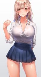 Rule 34 | 1girl, blonde hair, blue skirt, blush, breasts, brown eyes, cleavage, collarbone, collared shirt, dress shirt, hechi (hechi322), highres, large breasts, long hair, long sleeves, looking at viewer, multicolored hair, original, pink hair, pleated skirt, shirt, skirt, solo, streaked hair, thighs, white shirt