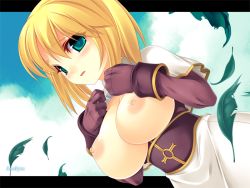 Rule 34 | 1girl, acolyte (ragnarok online), blonde hair, blush, breasts, breasts out, character name, cloud, day, dutch angle, gloves, green eyes, kinoshita ichi, large breasts, leaf, looking away, nipples, ragnarok online, short hair, sky, solo, uniform, upper body