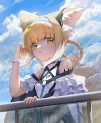 Rule 34 | 1girl, :o, animal ears, arknights, belt, belt pouch, blonde hair, blue hairband, blue sky, blush, braid, braided hair rings, breasts, chinese commentary, cloud, cloudy sky, cowboy shot, day, earpiece, fox ears, fox girl, fox tail, frills, hair rings, hairband, highres, infection monitor (arknights), looking at viewer, looking to the side, material growth, medium hair, multicolored hair, multiple tails, o-ring, open mouth, oripathy lesion (arknights), outdoors, pouch, railing, riri kuri, shirt, sky, small breasts, solo, standing, strap, suzuran (arknights), tail, two-tone hair, utility belt, white hair, white shirt, wrist cuffs, yellow eyes
