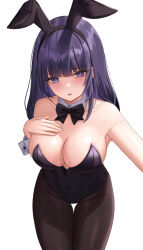 Rule 34 | 1girl, alternate costume, animal ears, bare arms, bare shoulders, black bow, black bowtie, black pantyhose, blush, bow, bowtie, breast suppress, breasts, covered navel, cowboy shot, detached collar, fake animal ears, genshin impact, hand on own chest, hand up, highleg, highleg leotard, highres, large breasts, leaning forward, leotard, long hair, looking at viewer, mole, mole under eye, outstretched arm, pantyhose, parted lips, playboy bunny, purple eyes, purple hair, purple leotard, rabbit ears, raiden shogun, selfie, sidelocks, solo, strapless, strapless leotard, thigh gap, thighs, toki88909, wrist cuffs