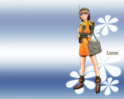 Rule 34 | 1990s (style), 1girl, bag, blue eyes, brown hair, chrono (series), chrono trigger, crossed arms, dress, female focus, full body, gradient background, handbag, hat, long sleeves, looking at viewer, lucca ashtear, orange dress, retro artstyle, simple background, solo, standing