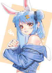 Rule 34 | 1girl, animal ear fluff, animal ears, bare shoulders, blue hair, blue jacket, blue ribbon, blush, carrot hair ornament, double bun, earrings, extra ears, food-themed hair ornament, from side, grin, hair bun, hair ornament, hair ribbon, highres, hololive, jacket, jewelry, long hair, long sleeves, looking at viewer, looking to the side, nanja, off shoulder, rabbit earrings, rabbit ears, red eyes, ribbon, sleeves past wrists, smile, solo, thick eyebrows, upper body, usada pekora, usada pekora (casual), virtual youtuber