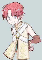 1boy belt blue_eyes closed_mouth doug_(rune_factory) grey_background hand_on_own_hip hayamaro65 highres looking_at_viewer male_focus parted_bangs pointy_ears red_hair rune_factory rune_factory_4 shirt short_hair simple_background sleeveless sleeveless_shirt smile solo upper_body