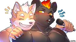 Rule 34 | 2boys, animal ears, artist name, artist self-insert, blush, caturkey123, caturkey (vtuber), chinese commentary, claws, closed eyes, dated, dog boy, dog ears, facial hair, furry, furry male, goatee stubble, hand on another&#039;s shoulder, head on another&#039;s shoulder, holding, holding microphone, hyena boy, hyena ears, indie virtual youtuber, looking at another, male focus, microphone, multiple boys, smile, stubble, sweatdrop, upper body, watagumo, white background
