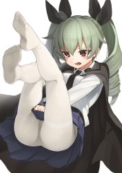 Rule 34 | 10s, 1girl, anchovy (girls und panzer), black panties, black skirt, blush, cape, covering privates, covering crotch, crotch seam, dress shirt, drill hair, feet, girls und panzer, green hair, hair ribbon, legs up, long hair, long sleeves, necktie, no shoes, panties, panties under pantyhose, pantyhose, pleated skirt, red eyes, ribbon, seramikku, shirt, simple background, skirt, solo, thighband pantyhose, toes, twin drills, twintails, underwear, white pantyhose, white shirt