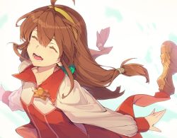 Rule 34 | 1girl, ahoge, breasts, brown hair, cape, dress, hairband, lilka eleniak, long hair, open mouth, smile, solo, tarariko, twintails, wild arms, wild arms 2, yellow hairband