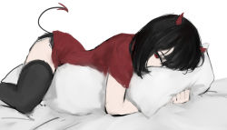 Rule 34 | 1girl, bed sheet, black hair, black shorts, demon girl, demon horns, demon tail, face in pillow, grey thighhighs, hair between eyes, horns, hugging object, original, pillow, pillow hug, red eyes, red shirt, shimmer, shirt, short shorts, short sleeves, shorts, sketch, solo, tail, tail raised, thighhighs, white background