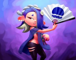 Rule 34 | 1girl, blue hair, cowboy shot, earrings, from side, groin, hair over one eye, hand fan, highres, jewelry, nintendo, octoling player character, outta sync, paper fan, poncho, purple background, red eyes, shiver (splatoon), smile, solo, splatoon (series), splatoon 3, tentacle hair