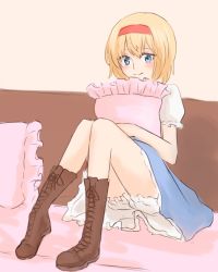 Rule 34 | 1girl, alice margatroid, bed, blonde hair, bloomers, blue dress, blue eyes, blush, cross-laced footwear, dress, frilled pillow, frills, hairband, highres, legs, nip to chip, hugging object, on bed, pillow, pillow hug, short hair, sitting, smile, touhou, underwear