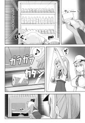 Rule 34 | 10s, 2girls, ^^^, ahenn, bare arms, bare legs, bracelet, can, comic, drink can, flower, graf zeppelin (kancolle), greyscale, hair flower, hair ornament, hat, highres, jewelry, kantai collection, long hair, monochrome, multiple girls, non-web source, peaked cap, ro-500 (kancolle), sailor collar, school uniform, soda bottle, soda can, translation request, twintails, vending machine, wallet