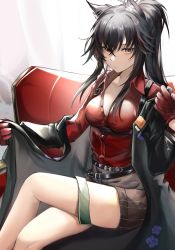 Rule 34 | 1girl, animal ears, arknights, belt, black coat, black hair, blush, breasts, brown shorts, cleavage, closed mouth, coat, collared shirt, crossed legs, ear piercing, feet out of frame, gloves, green necktie, hair between eyes, highres, long hair, long sleeves, looking at viewer, medium breasts, necktie, no bra, off shoulder, official alternate costume, open clothes, open coat, orange eyes, partially unbuttoned, piercing, ponytail, red gloves, red shirt, shirt, shorts, simple background, solo, striped clothes, striped shorts, tabayashi, texas (arknights), texas (willpower) (arknights), underbust, undressing, unworn necktie, vertical-striped clothes, vertical-striped shorts, very long hair, white background, wolf ears
