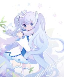 Rule 34 | 1girl, blue eyes, blue hair, commentary, contrapposto, cowboy shot, crown, detached sleeves, dress, expressionless, flower, hair ornament, hatsune miku, headset, light blue hair, long hair, looking at viewer, nishina hima, ribbon, snow, solo, standing, thighhighs, twintails, very long hair, vocaloid, white background, white dress, white thighhighs, yuki miku, yuki miku (2011), zettai ryouiki