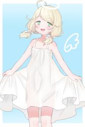 Rule 34 | 1girl, :d, absurdres, ahoge, bare arms, bare shoulders, blonde hair, blue background, blush, commentary request, drawn wings, dress, green eyes, halo, highres, idolmaster, idolmaster cinderella girls, long hair, looking at viewer, low twintails, nicori nico, open mouth, see-through, see-through silhouette, single wing, skirt hold, sleeveless, sleeveless dress, smile, solo, standing, twintails, two-tone background, white background, white dress, wings, yusa kozue