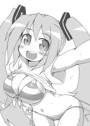 Rule 34 | 1girl, bikini, blush, breasts, butt crack, cleavage, female focus, greyscale, hatsune miku, large breasts, long hair, monochrome, naitou kouse, navel, side-tie bikini bottom, simple background, smile, solo, swimsuit, twintails, very long hair, vocaloid, wardrobe malfunction, white background