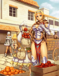 Rule 34 | 00s, 2boys, 3girls, ahoge, apple, armor, bag, bare legs, blonde hair, blue eyes, braid, breastplate, breasts, brown hair, building, captain of the royal guard elina, carrot, cart, cleavage, coat, crate, day, dress, eating, eiwa, elina (queen&#039;s blade), elina (queen's blade), exiled warrior leina, facing away, fang assassin irma, fiotiel shalaklard, food, frilled dress, frills, fruit, fur coat, fur hat, gauntlets, greaves, groin, hair between eyes, hair tubes, hairband, hand on own hip, hat, high heels, highres, holding, holding bag, holding food, irma (queen&#039;s blade), irma (queen's blade), large breasts, legs, legs apart, leina (queen&#039;s blade), leina (queen's blade), long hair, long sleeves, looking at another, looking at viewer, market, mouth hold, multiple boys, multiple girls, no panties, no socks, orange (fruit), outdoors, pavement, pelvic curtain, puffy long sleeves, puffy sleeves, queen&#039;s blade, revealing clothes, road, sack, short hair, sidelocks, single gauntlet, sky, smile, standing, sunlight, tan, thighs, town, trap, twin braids, wagon, white hair, window