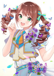 Rule 34 | 1boy, akariko, alternate costume, blue jacket, blush, brown hair, bug, butterfly, commentary request, crossdressing, dress, drill hair, flower, green eyes, highres, idolmaster, idolmaster side-m, insect, jacket, long hair, looking at viewer, male focus, mizushima saki, open mouth, purple flower, short sleeves, smile, solo, teeth, trap, twin drills, twintails, upper teeth only, white flower