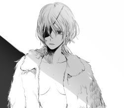 Rule 34 | 1girl, breasts, chainsaw man, closed mouth, coat, collarbone, expressionless, eyebrows, eyelashes, eyepatch, female focus, fur, fur coat, highres, jacket, long hair, looking at viewer, monochrome, no shirt, one eye covered, open clothes, open jacket, pale skin, ponytail, quanxi (chainsaw man), simple background, solo, upper body, yokoyari mengo