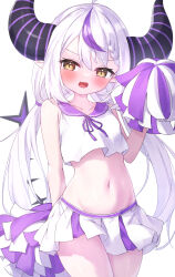 Rule 34 | 1girl, ahoge, bare shoulders, blush, braid, braided bangs, breasts, brown eyes, cheerleader, collarbone, commentary request, crop top, demon horns, fang, groin, hair between eyes, hand up, highres, hololive, horns, la+ darknesss, looking at viewer, low twintails, masaki (msk064), midriff, multicolored hair, navel, neck ribbon, open mouth, pleated skirt, pom pom (clothes), purple hair, purple ribbon, purple sailor collar, ribbon, sailor collar, shirt, simple background, skirt, sleeveless, sleeveless shirt, small breasts, solo, standing, streaked hair, twintails, virtual youtuber, white background, white hair, white shirt, white skirt