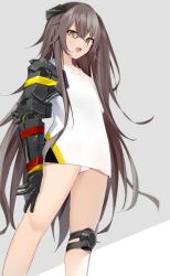 Rule 34 | 1girl, absurdres, brown hair, feet out of frame, flat chest, from below, girls&#039; frontline, gradient background, hair between eyes, hair ornament, highres, kotoha (kotoha65), long hair, looking at viewer, mod3 (girls&#039; frontline), no pants, open mouth, panties, prosthesis, prosthetic arm, scar, scar across eye, shirt, solo, standing, teeth, ump45 (girls&#039; frontline), ump45 (mod3) (girls&#039; frontline), underwear, upper teeth only, very long hair, white shirt, yellow eyes