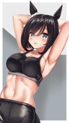 Rule 34 | 1girl, absurdres, animal ears, armpits, arms behind head, arms up, bare arms, black hair, blue eyes, blush, breasts, cleavage, commentary request, crop top, eishin flash (umamusume), hair between eyes, highres, horse ears, large breasts, latex, looking at viewer, midriff, navel, parted lips, shinonome halltro, shiny clothes, short hair, solo, spandex, sports bra, stomach, umamusume, upper body