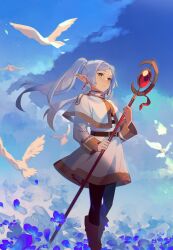 Rule 34 | 1girl, bird, blue flower, blue sky, boots, brown footwear, closed mouth, cloud, commentary, day, earrings, elf, english commentary, field, flower, flower field, frieren, green eyes, highres, holding, holding staff, jewelry, long hair, lucidsky, mage staff, outdoors, pointy ears, skirt, sky, solo, sousou no frieren, staff, standing, twintails, white hair, white skirt