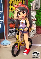 Rule 34 | 1girl, backpack, bag, bicycle, black eyes, black hair, blunt bangs, child, dickies, female focus, graffiti, haaam, open mouth, original, shoes, short shorts, shorts, sleeveless, solo, sweat, twintails, watch, wristwatch