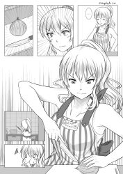Rule 34 | ..., 10s, 1girl, alternate costume, alternate hairstyle, apron, casual, comic, commentary, cutting board, finger in own mouth, finger sucking, greyscale, highres, kantai collection, kashima (kancolle), knife, monochrome, onion, ponytail, speed lines, tears, wangphing
