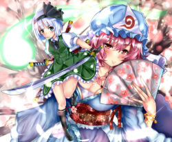 Rule 34 | 2girls, :/, black footwear, black socks, blue eyes, blue headwear, blue kimono, blurry, bracelet, breasts, cherry blossoms, cleavage, commentary request, depth of field, folding fan, frilled skirt, frills, full body, furrowed brow, glint, green skirt, green vest, hair between eyes, hair ribbon, hand fan, hat, highres, himura moritaka, holding, holding fan, holding sword, holding weapon, japanese clothes, jewelry, kimono, kneehighs, konpaku youmu, konpaku youmu (ghost), large breasts, leaning to the side, looking at viewer, md5 mismatch, mob cap, multiple girls, obi, pink eyes, pink hair, puffy short sleeves, puffy sleeves, resolution mismatch, ribbon, saigyouji yuyuko, sarashi, sash, shirt, short hair, short sleeves, silver hair, skirt, small breasts, smile, socks, source smaller, standing, standing on one leg, sword, touhou, tree, upper body, vest, weapon, white shirt