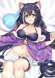 Rule 34 | animal ear fluff, animal ears, bare shoulders, bed sheet, bikini, bikini under clothes, black bikini, black hair, blush, bow, breasts, cat ears, cat girl, cat tail, collarbone, eyewear on head, front-tie bikini top, front-tie top, green eyes, hair bow, halterneck, highres, jacket, karyl (princess connect!), karyl (summer) (princess connect!), kmsquid, long hair, low twintails, lying, medium breasts, multicolored hair, on back, open clothes, open fly, open mouth, open shorts, paw ornament, princess connect!, purple jacket, shorts, stomach, streaked hair, sunglasses, swimsuit, tail, twintails, very long hair, white-framed eyewear, white shorts