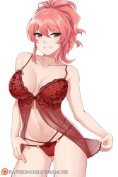 Rule 34 | 1girl, aslindsamure, babydoll, bare shoulders, blush, bra, breasts, cameltoe, camisole, camisole lift, cleavage, clothes lift, collarbone, gluteal fold, grin, groin, hair between eyes, hand in panties, highres, idolmaster, idolmaster cinderella girls, jougasaki mika, large breasts, lingerie, long hair, looking at viewer, navel, panties, patreon username, pink hair, ponytail, red camisole, red panties, see-through, sidelocks, simple background, smile, smirk, solo, standing, stomach, underwear, underwear only, white background, yellow eyes