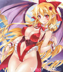 Rule 34 | 1girl, artist name, at classics, bat wings, blonde hair, blush, bow, bowtie, breasts, closed mouth, cowboy shot, detached collar, elis (touhou), fang, fang out, flower, groin, hair between eyes, hair bow, hair flower, hair ornament, holding, holding wand, large breasts, long hair, looking at viewer, navel, pointy ears, red bow, red bowtie, red eyes, sample watermark, sidelocks, smile, solo, star (symbol), stomach, touhou, touhou (pc-98), traditional media, very long hair, wand, watermark, wings, wrist cuffs