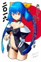 Rule 34 | 1girl, bare shoulders, blue hair, breasts, choker, cropped legs, detached sleeves, dizzy (guilty gear), guilty gear, guilty gear x, guilty gear xrd, guilty gear xx, hair ribbon, long hair, navel, no wings, perky breasts, red eyes, ribbon, smile, solo, twintails, upper body, zaki (narashigeo)