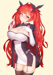 Rule 34 | 1girl, azur lane, bad id, bad pixiv id, black thighhighs, blush, breasts, chain, cleavage, collarbone, elbow gloves, garter straps, gloves, hair ribbon, twirling hair, honolulu (azur lane), jacket, jacket on shoulders, large breasts, long hair, looking at viewer, ratio (ratio-d), red eyes, red hair, ribbon, solo, thighhighs, twintails, white gloves