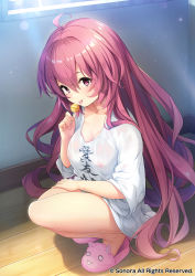 Rule 34 | 1girl, ahoge, bare legs, breasts, candy, cleavage, clothes writing, company name, copyright notice, food, hand on own thigh, hibikino-san-chi wa eroge-ya-san!, hibikino yukari, highres, holding, holding candy, holding food, indoors, light rays, lollipop, long hair, medium breasts, naked shirt, nipples, no bra, official art, pink footwear, purple eyes, purple hair, sawayaka samehada, see-through, shirt, sleeves past elbows, smile, solo, squatting, sweat, tongue, tongue out, white shirt, wooden floor