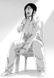 Rule 34 | 1girl, barefoot, can, chair, character request, drinking straw, feet, full body, greyscale, gun fellatio (shingeki no kyojin), hair between eyes, haseru (ginku mh), holding, holding can, long hair, looking up, monochrome, open mouth, pants, sanpaku, scene reference, sitting, solo, toes