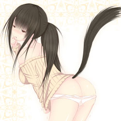 Rule 34 | 1girl, animal ears, ass, black hair, butt crack, clothes tug, der (derm9), embarrassed, hand to own mouth, kemonomimi mode, leaning forward, long hair, looking at viewer, off-shoulder, off-shoulder sweater, off shoulder, original, panties, panty pull, pantyshot, ponytail, red eyes, ribbed sweater, simple background, solo, sweater, sweater tug, tail, trembling, underwear