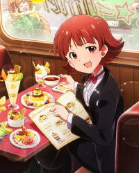 Rule 34 | 10s, 2girls, ^ ^, bow, bowtie, brown eyes, brown hair, cake, closed eyes, closed eyes, food, formal, ice cream, idolmaster, idolmaster (classic), idolmaster million live!, lapels, looking at viewer, menu, multiple girls, nonohara akane, official art, shawl lapels, smile, solo focus, suit, takatsuki yayoi, tea, traditional bowtie, tuxedo, twintails