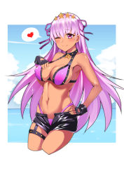 Rule 34 | 1girl, ;), absurdres, bare shoulders, bb (fate), bb (fate) (all), bb (swimsuit mooncancer) (fate), bb (swimsuit mooncancer) (second ascension) (fate), bikini, black gloves, black shorts, blue sky, blush, breasts, cleavage, closed mouth, cloud, cloudy sky, commentary request, covered erect nipples, cropped legs, day, fate/grand order, fate (series), fingerless gloves, gloves, groin, gyaru, hair between eyes, hair ornament, hair ribbon, hand on own hip, heart, highres, horizon, large breasts, long hair, looking at viewer, meng ge 3 (565571710), micro shorts, navel, ocean, one eye closed, open clothes, open fly, open shorts, purple bikini, purple eyes, purple hair, purple ribbon, revision, ribbon, short shorts, shorts, sky, smile, solo, spoken heart, star (symbol), star hair ornament, swimsuit, tan, very long hair, water