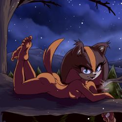 Rule 34 | 1girl, animal ears, animal nose, ass, blue eyes, boomerang, branch, breasts, breath, fangs, forest, furry, highres, long hair, low-tied long hair, low twintails, nature, night, night sky, nipples, no humans, plague of gripes, sky, sonic (series), sticks the badger, tail, third-party edit, twintails