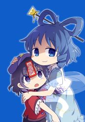 Rule 34 | 2girls, aqua shirt, aqua skirt, blouse, blue background, blue eyes, blue hair, bow-shaped hair, commentary request, d:, drill hair, eyes visible through hair, flat cap, hair ornament, hair rings, hair stick, hat, height difference, highres, hug, jiangshi, kaku seiga, looking at viewer, looking up, miyako yoshika, multiple girls, ofuda, open mouth, outstretched arms, petticoat, puffy short sleeves, puffy sleeves, purple eyes, purple hair, purple hat, red shirt, see-through, shawl, shirt, short hair, short sleeves, simple background, skirt, smile, star (symbol), touhou, yamabuki (yusuraume), zombie pose