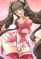 Rule 34 | 1girl, absurdly long hair, bare shoulders, black hair, blush, breasts, cosplay, cowboy shot, dress, elbow gloves, fang, fate/grand order, fate/kaleid liner prisma illya, fate (series), feathers, gloves, highres, kaleidostick, large breasts, long hair, magical girl, momio, open mouth, pointy ears, prisma illya, prisma illya (cosplay), semiramis (fate), solo, thighhighs, twintails, very long hair, yellow eyes
