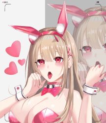 Rule 34 | 1girl, animal ears, bare shoulders, blush, breasts, cleavage, detached collar, fake animal ears, fellatio gesture, goddess of victory: nikke, heart, horns, labbri, large breasts, leotard, light brown hair, long hair, looking at viewer, official alternate costume, open mouth, pink bowtiewrist cuffs, pink horns, pink leotard, playboy bunny, rabbit ears, red eyes, solo, strapless, strapless leotard, tongue, tongue out, viewfinder, viper (nikke), viper (toxic rabbit) (nikke), zoom layer