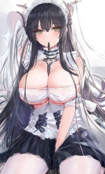 Rule 34 | 1girl, absurdres, arm behind head, azur lane, between breasts, black skirt, blush, breasts, choker, cleavage, frilled choker, frills, green eyes, highres, huge breasts, indomitable (azur lane), indomitable (ms. motivationless maid) (azur lane), long hair, looking at viewer, lshiki, maid headdress, mouth hold, official alternate costume, pantyhose, sketch, skindentation, skirt, solo, very long hair, white pantyhose